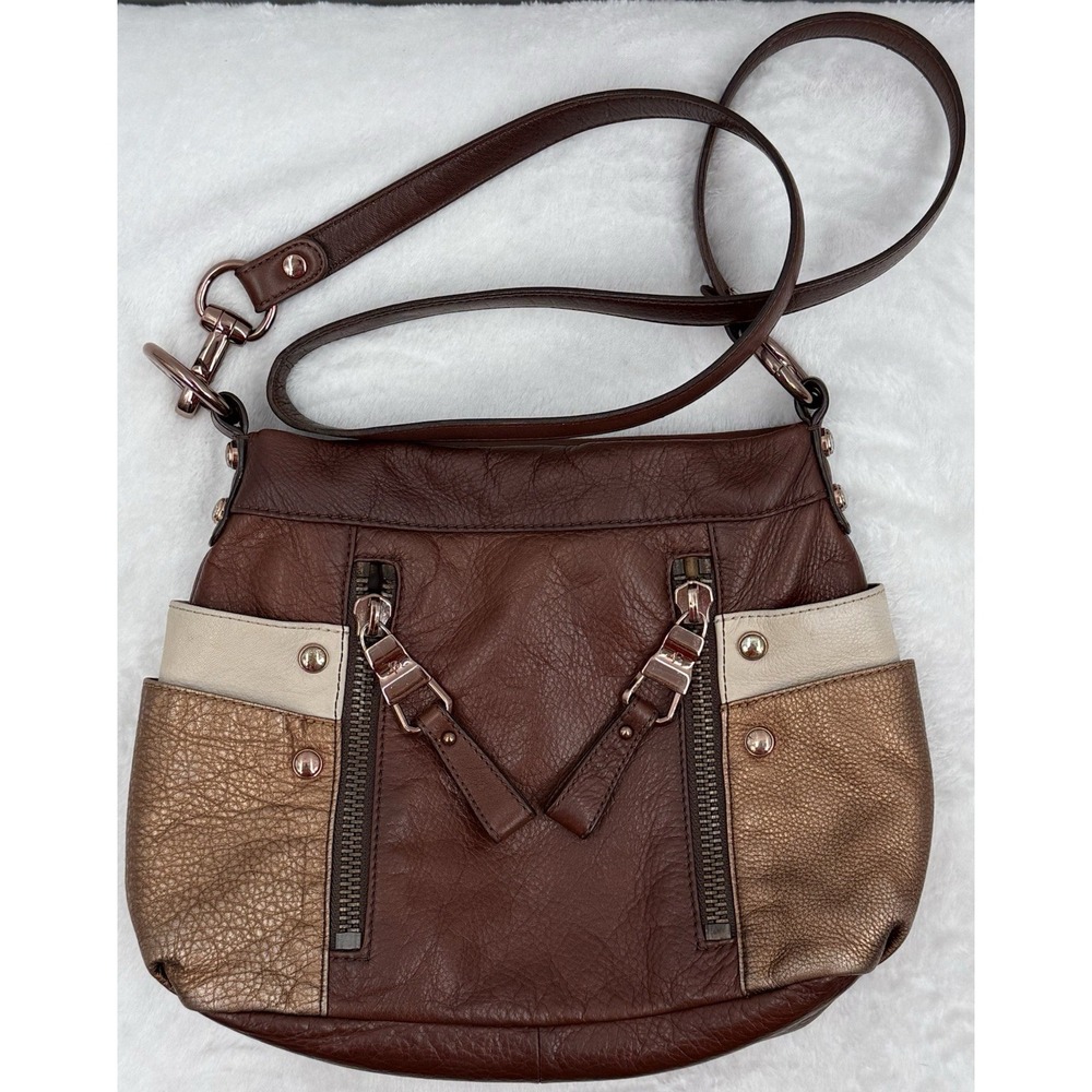 B Makowsky Brandy Crossbody Bag‎ Leather Multi Copper W/Two Tone Trim